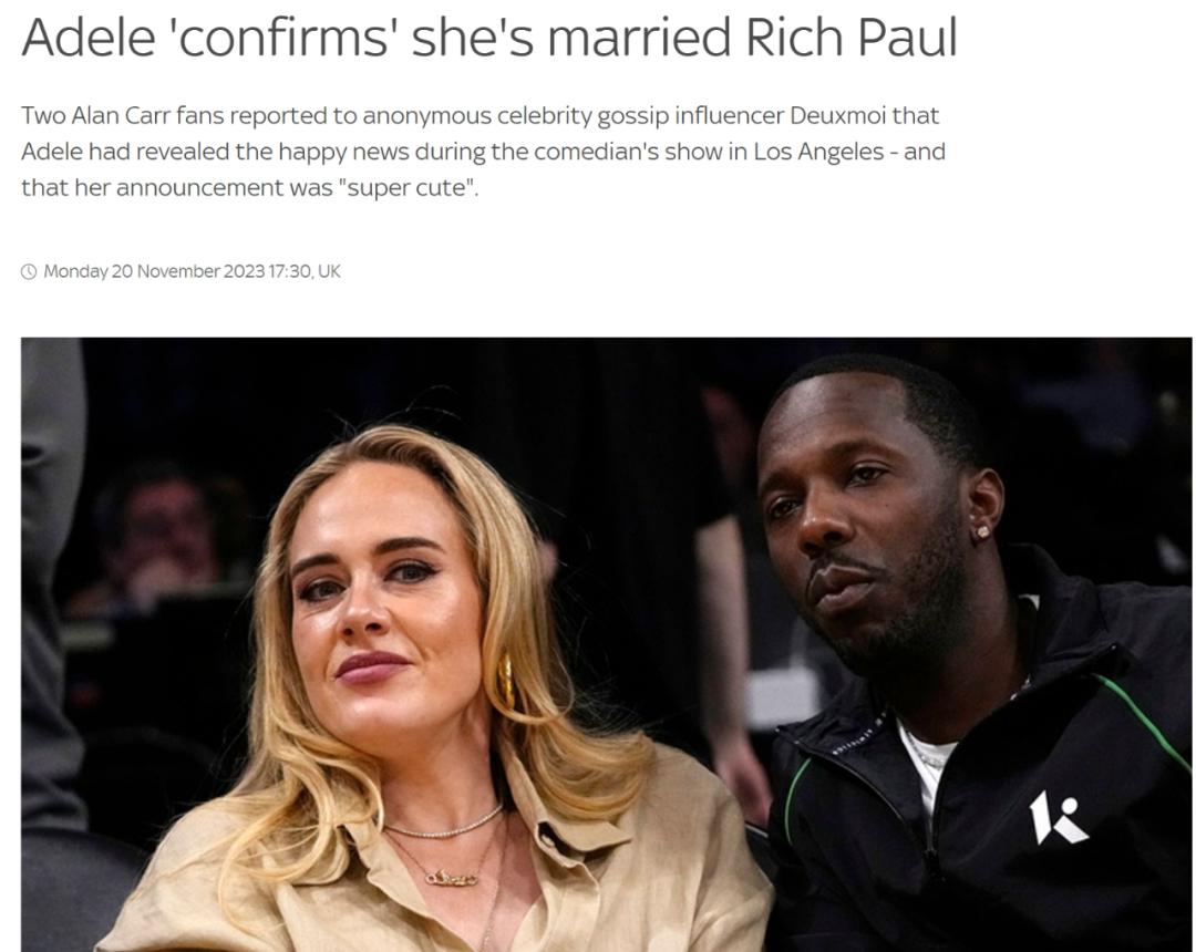 英国天后阿黛尔 Adele 最近宣布和 NBA 明星经理 Rich Paul（里