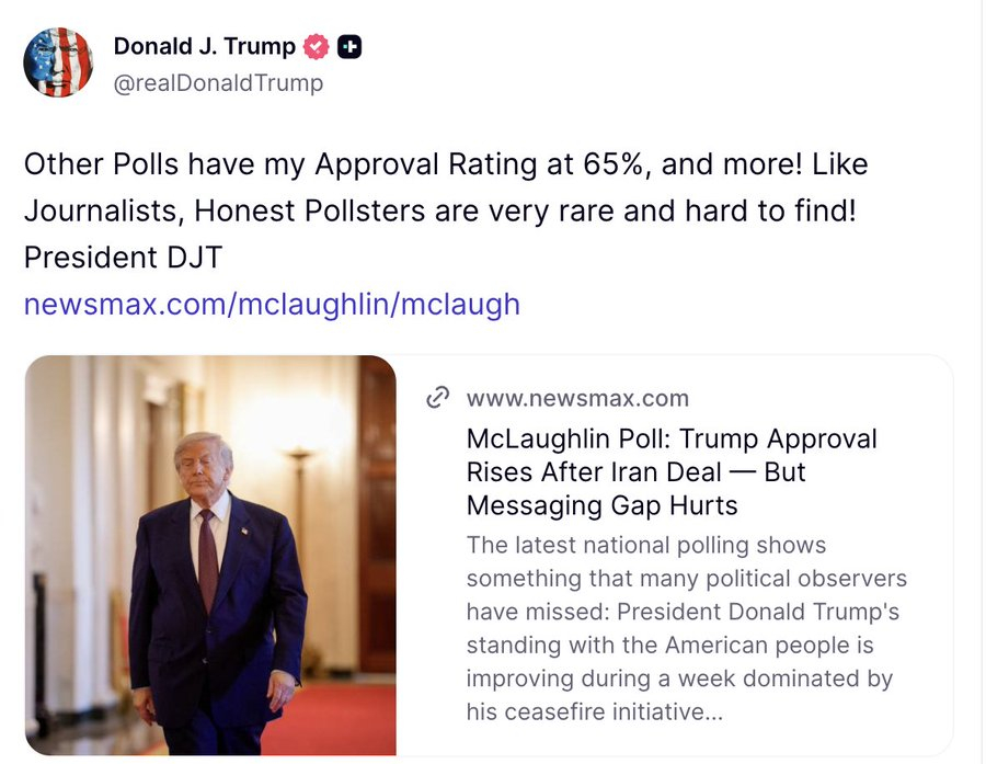 特朗普：其他民调显示我的支持率达到65%，甚至更高！就像记者一样，诚实的民调专家