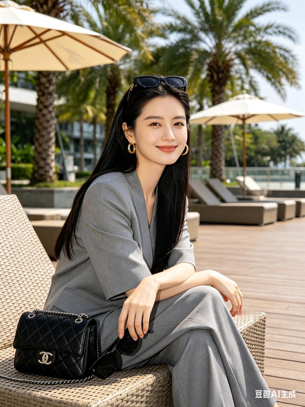 黑发长直的都市女子身着灰色阔腿裤套装，头顶架墨镜，金耳环亮眼，手拎菱格链条包，侧