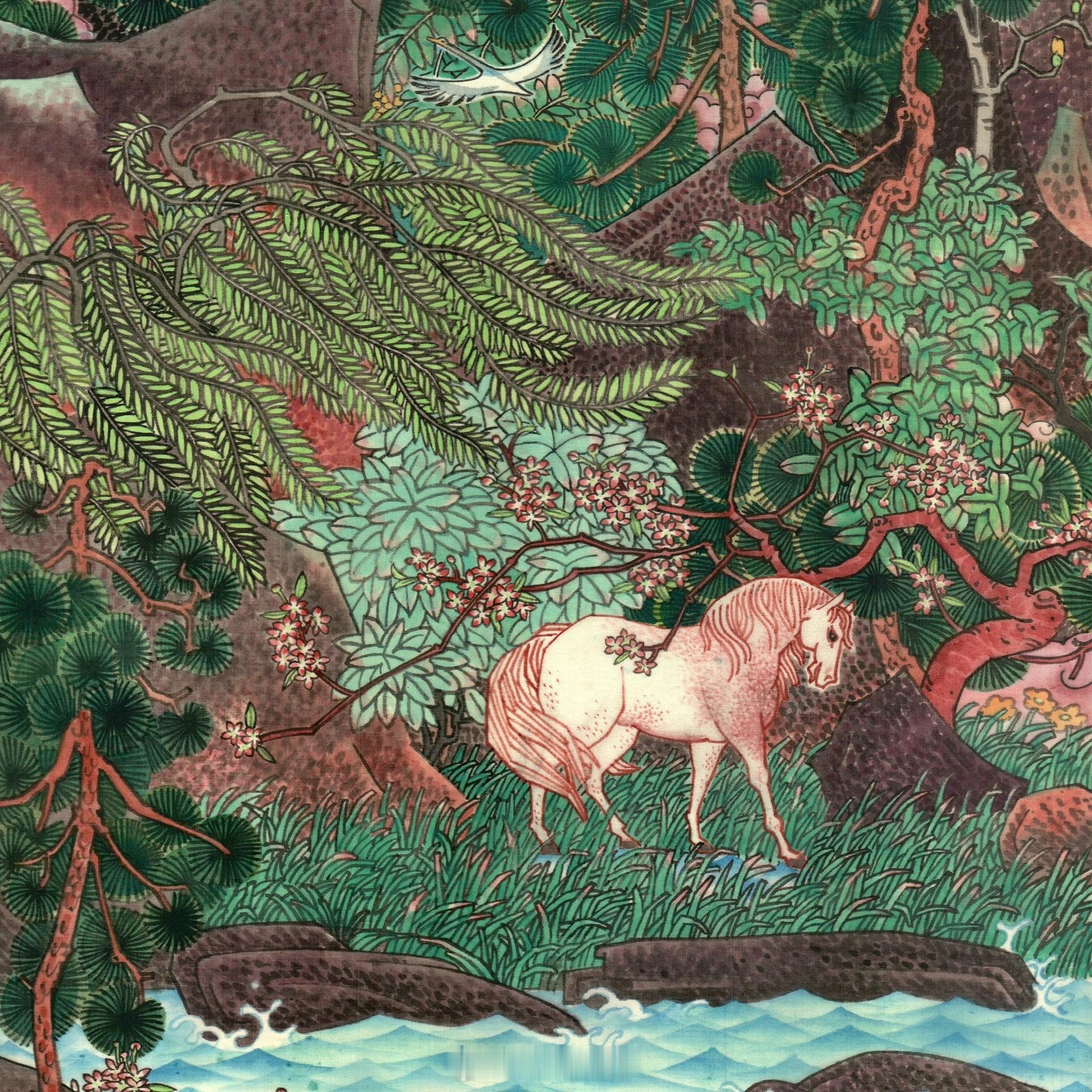《春山逸马图》作品材质绢本，矿物色绘制，画芯尺寸78x28cm。画面中主体，一匹