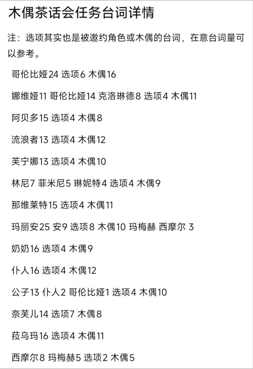 6.7木偶茶话会任务台词详情（每条茶话会任务相互独立，左边是被邀角色台词，中间是