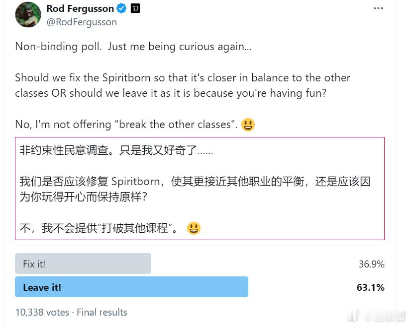 #暗黑4# 暗黑IP大总管Rod Fergusson的民意调查显示，在超万人投票