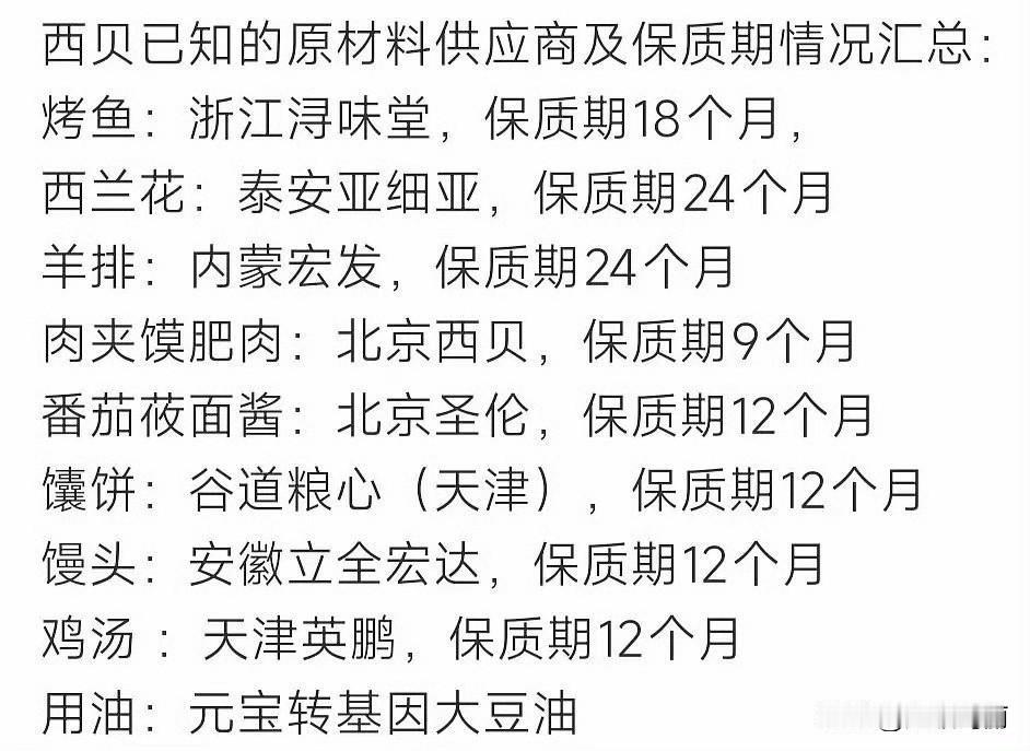 来看看西贝的原材料供应商和保质期
我不理解，这个西兰花，为啥也要用预制的，多少防