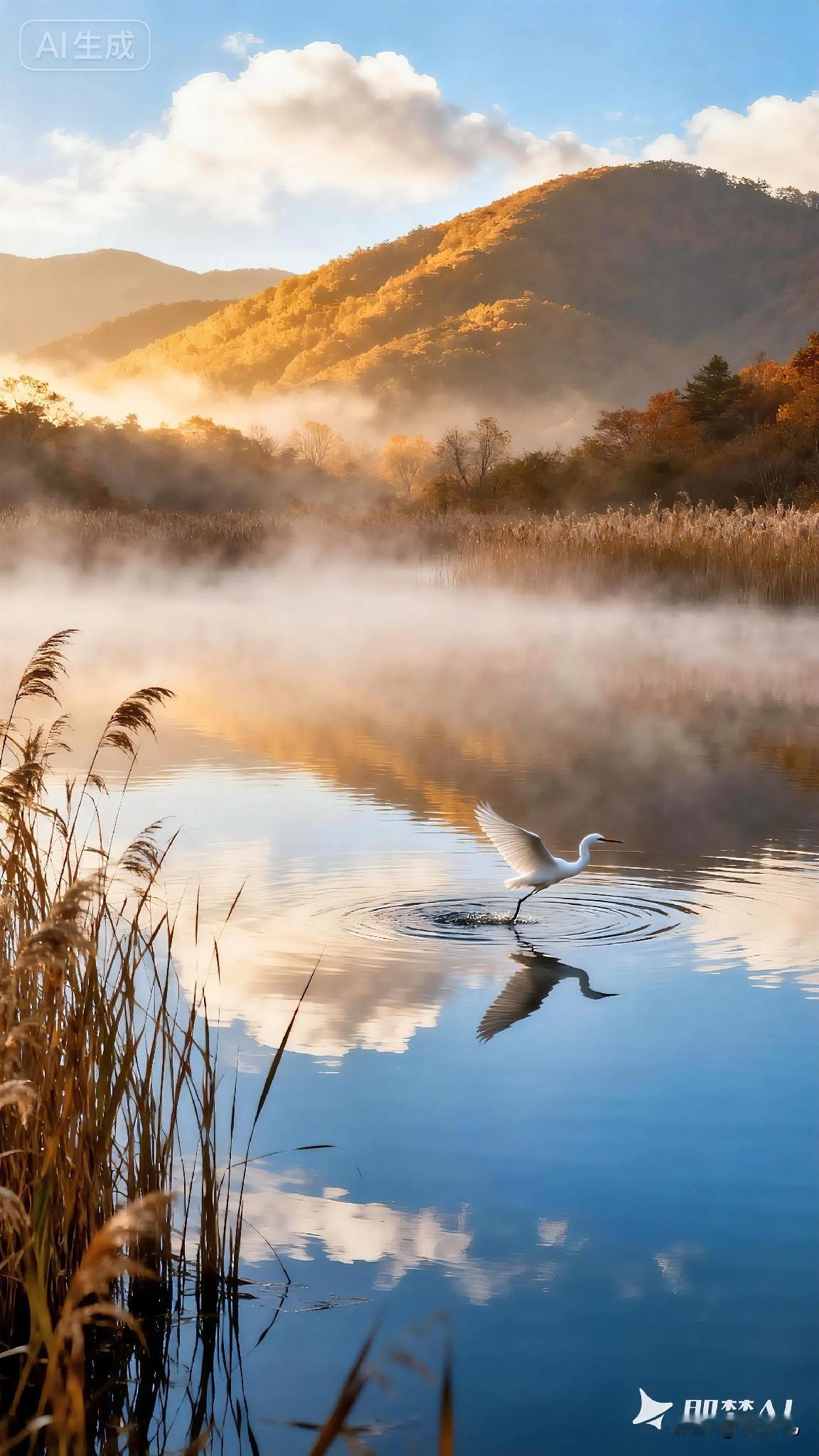  生活的美好不是惊天动地，而是晨光、湖雾与掠过水面的白鹭这般小确幸而已～🌹生活