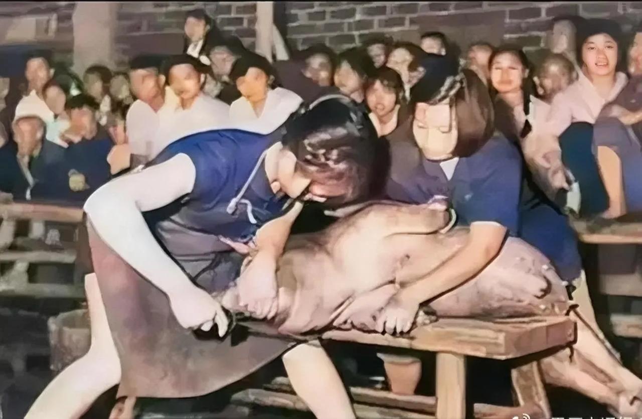 1966年，山西某国营屠宰场，一名叫杨美玲的“屠宰工”，身穿围裙，手持利刀，一手