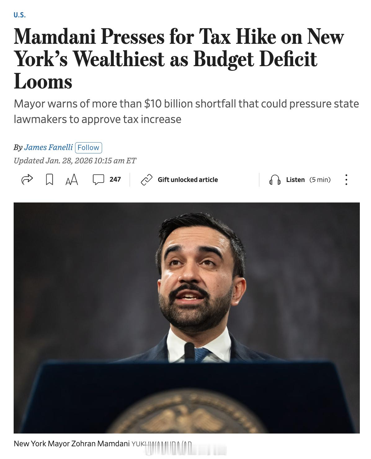 纽约市市长Mamdani表示，纽约市在即将到来的财政年度面临约100亿美元的意外
