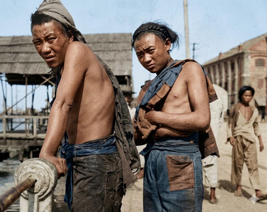 这张照片是清末民初南方通商口岸码头的底层体力劳动者，两位男子是典型的码头苦力，他