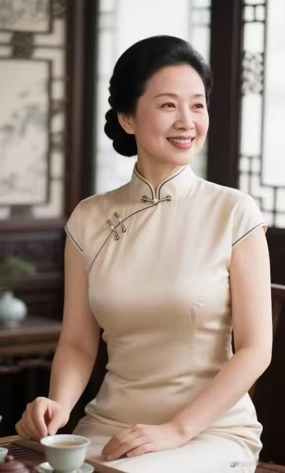 西江月·茶间芳致
 
盘发如鸦凝黛，旗袍浅衬温光。
茶烟轻绕鬓边香，一笑清辉满堂