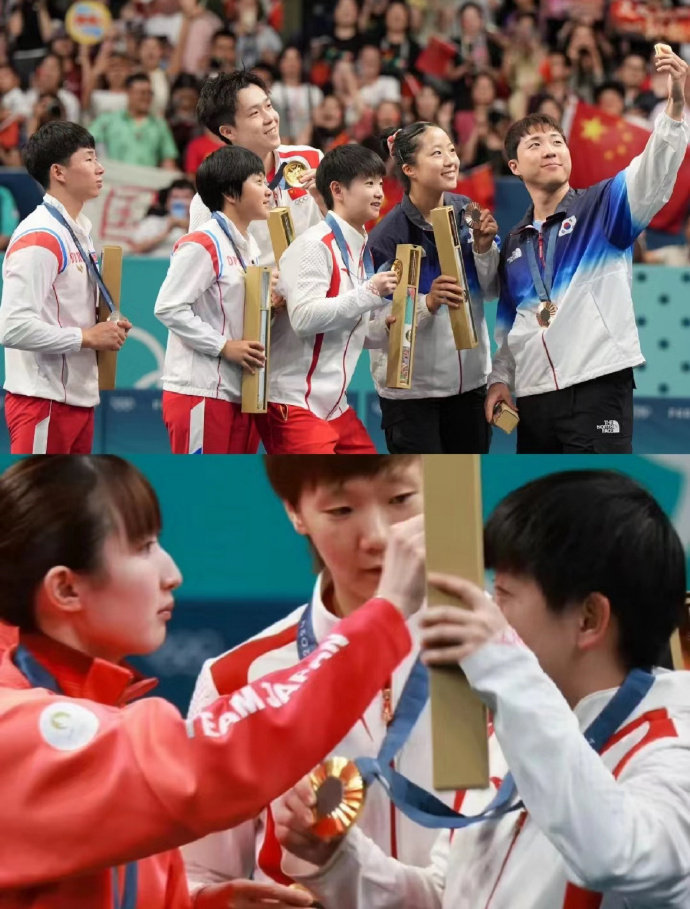 #奥林匹克精神具像化的时刻# 乒乓混双颁奖时刻，中国🇨🇳、韩国🇰🇷、朝鲜