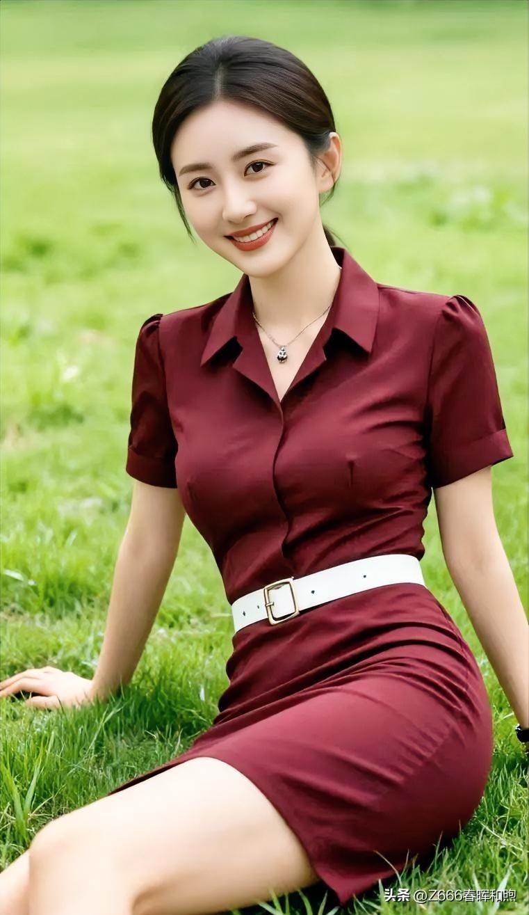 绿茵为笺，酒红裙裾似凝霞。笑靥绽如春桃，白腰带束出玲珑韵，风拂草色，她便是自然与