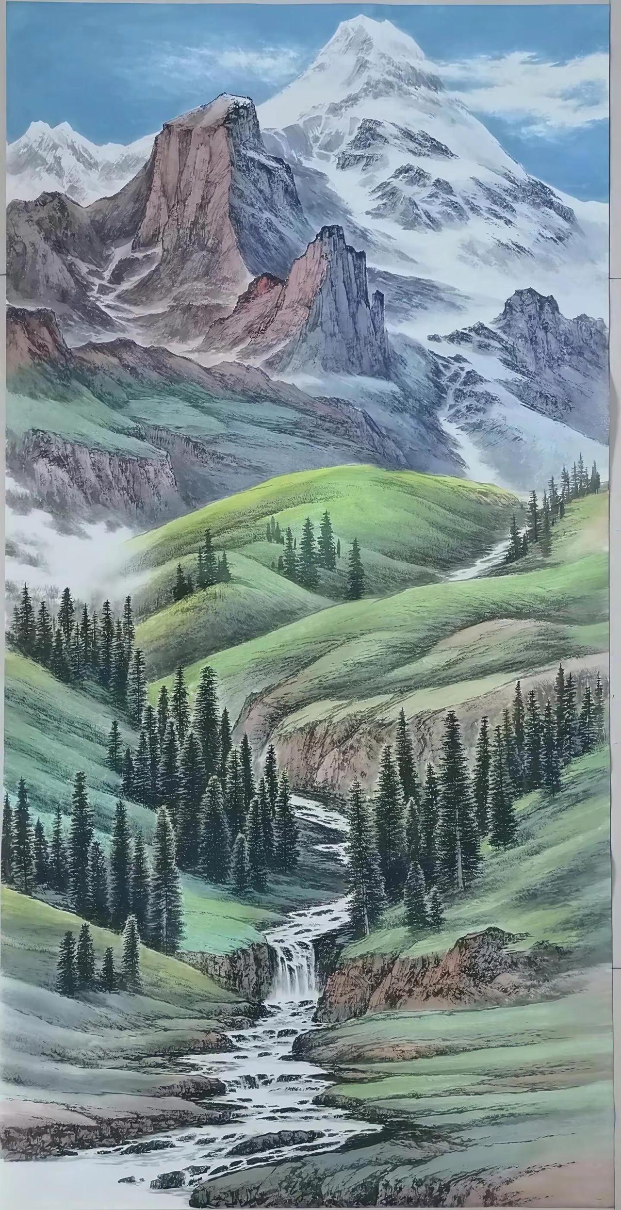 雪域春融。手绘国画创作者中心 创作灵感 意境山水画 手绘风景