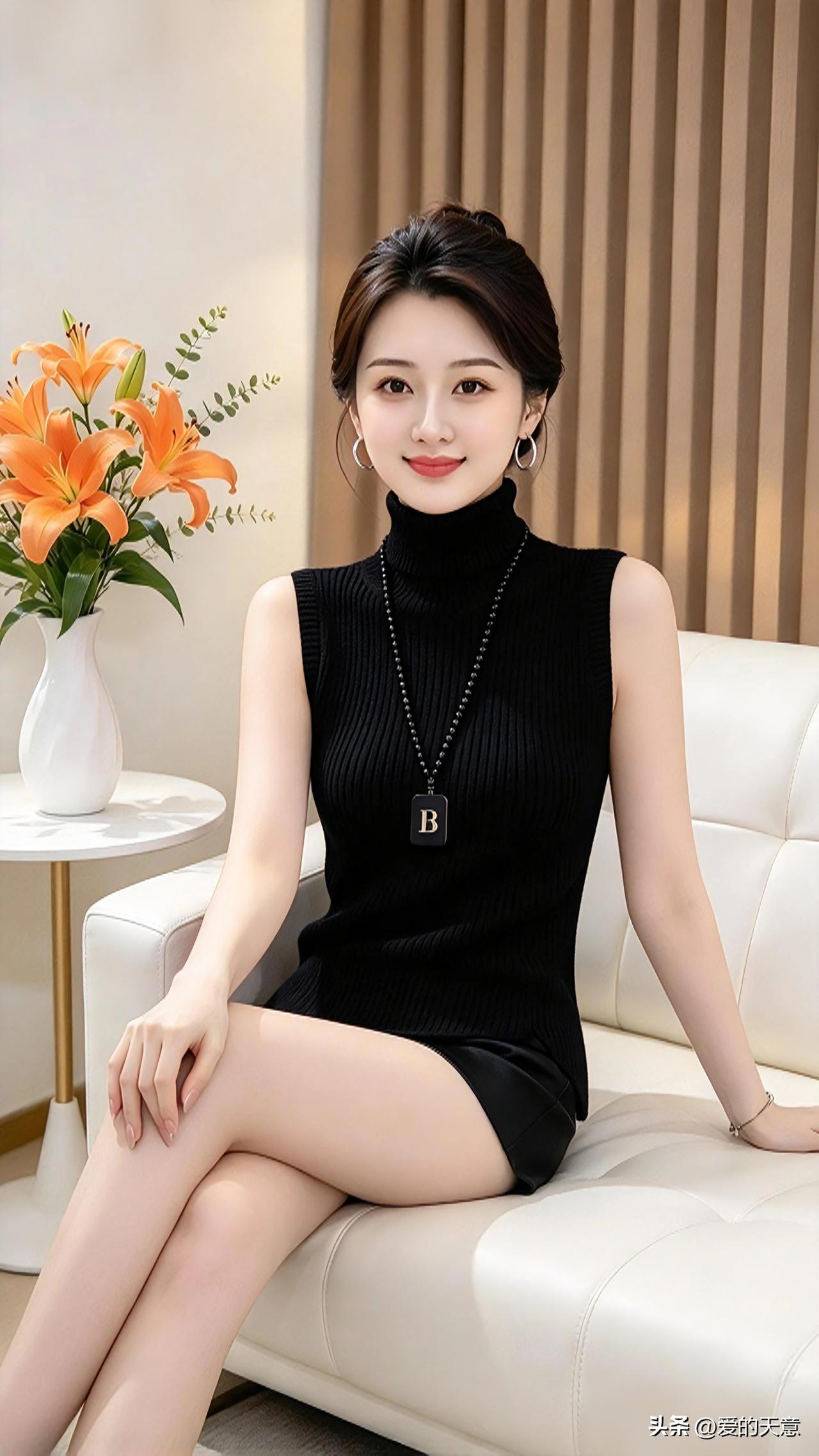 简约的黑色高领无袖针织衫，利落又显气质。柔软的面料贴合身形，低调耐看。静坐沙发，