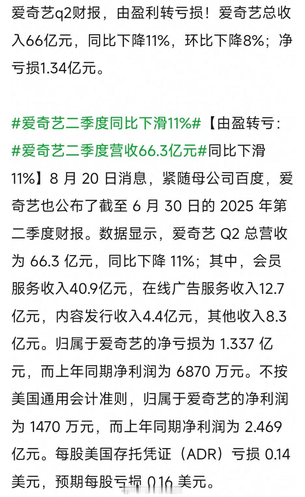 🥝第二季度财报由盈利转亏损  亏损1.34亿 ​​​