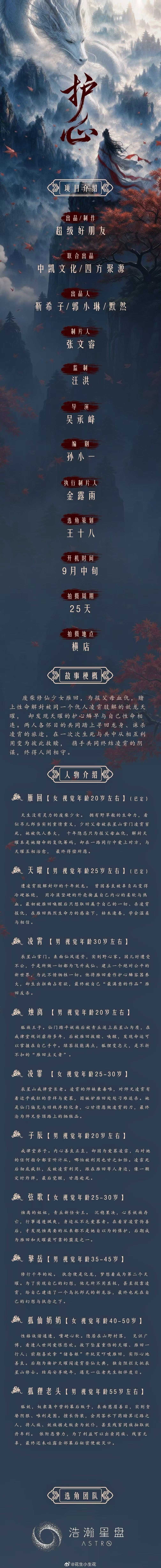 中剧《护心》组讯主演：何健麒、曾宥臻开机时间：9月中旬拍摄周期：25天监制：汪洪