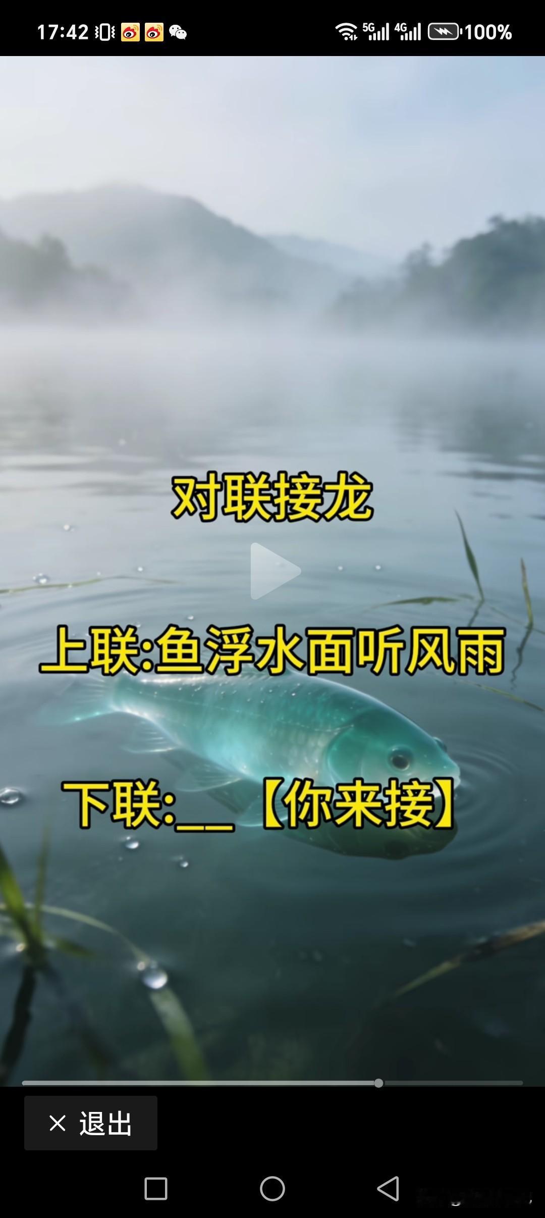 上联:鱼浮水面听风雨
下联:雁落人间观景致