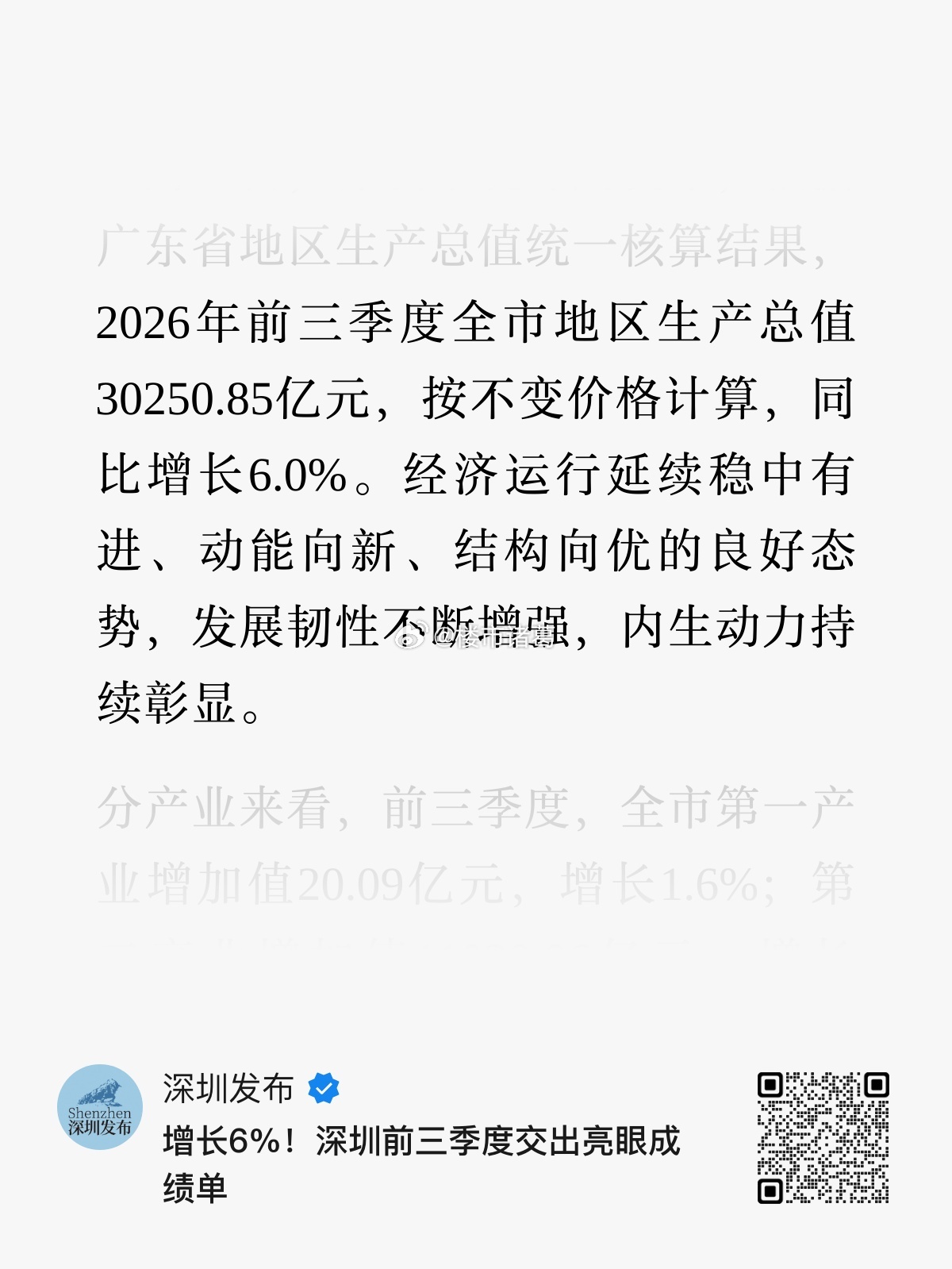 前三季度，深圳GDP同比增长6%[中国赞] ​​​