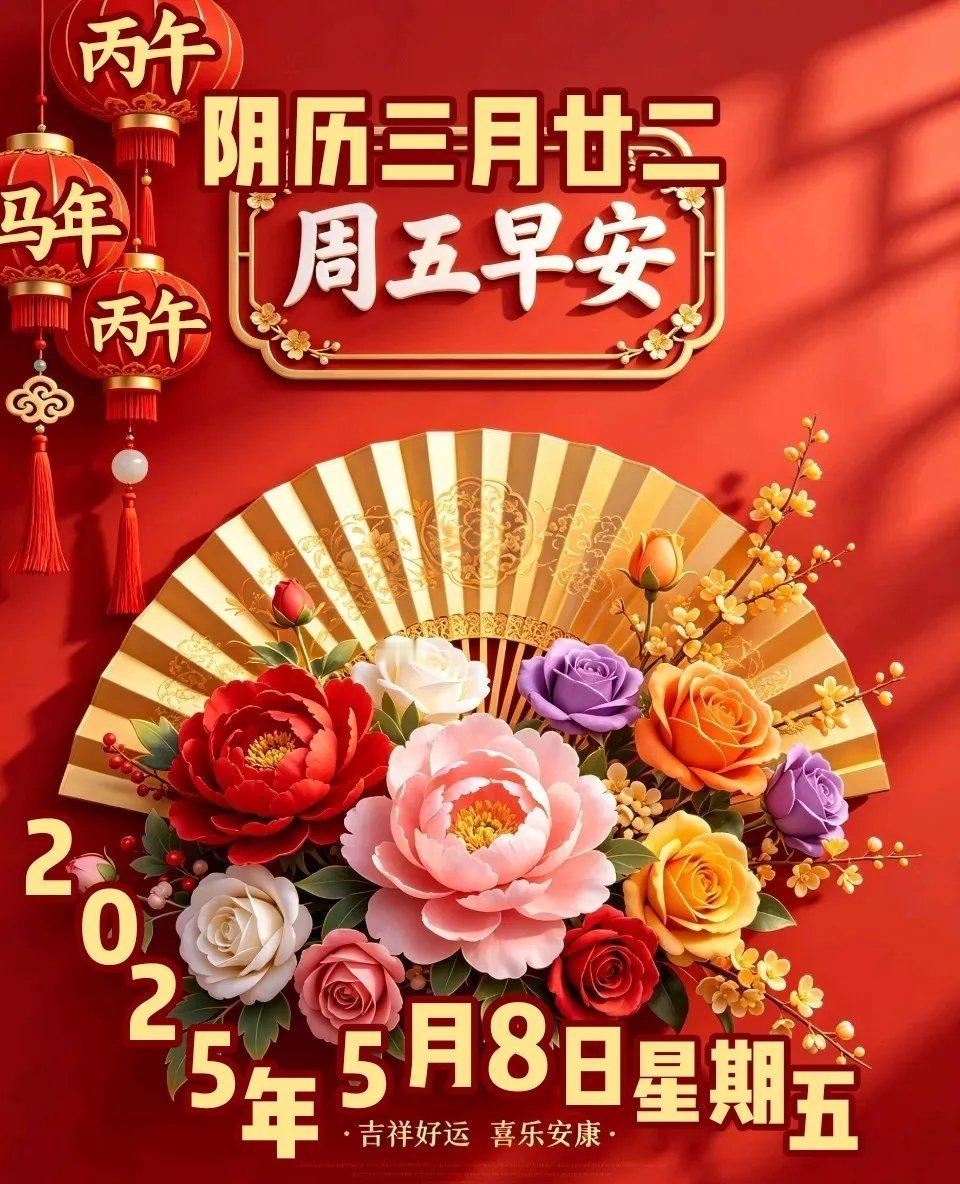 朋友们早上好！ 今天是5月8日星期五，初夏已至万物明朗，五月的美好正在派送中，风