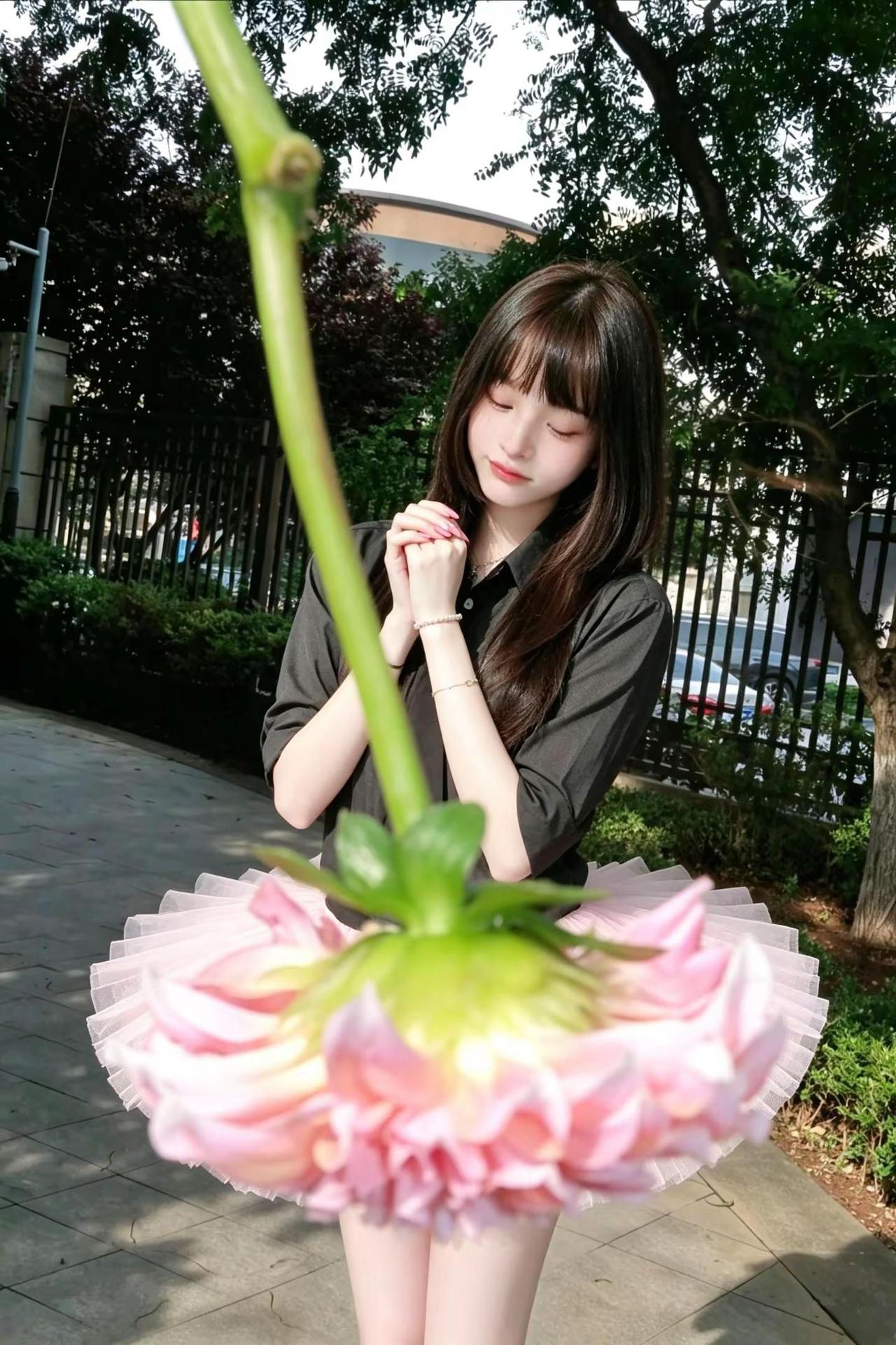 一起跟拍吧😉😉AI花朵是我的裙摆 ai创作 黑色衬衫 女生氛围感自拍