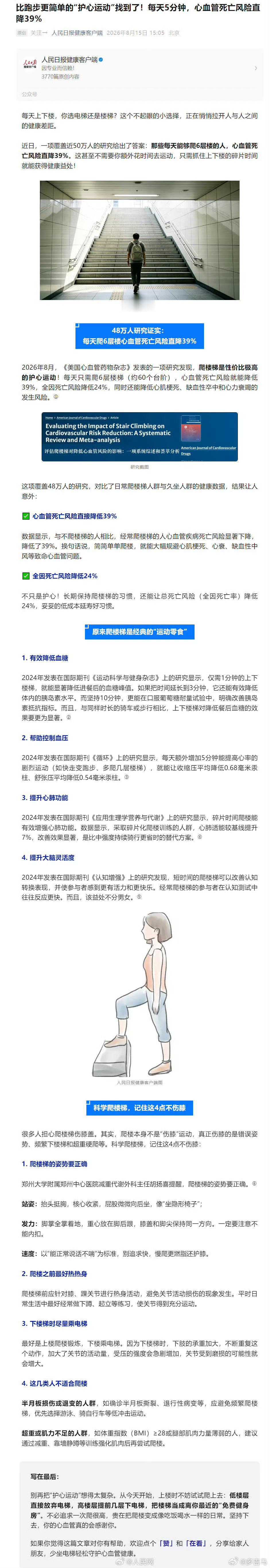 【收藏！比跑步更简单的护心运动】每天上下楼，你选电梯还是楼梯？一项研究表明：那些