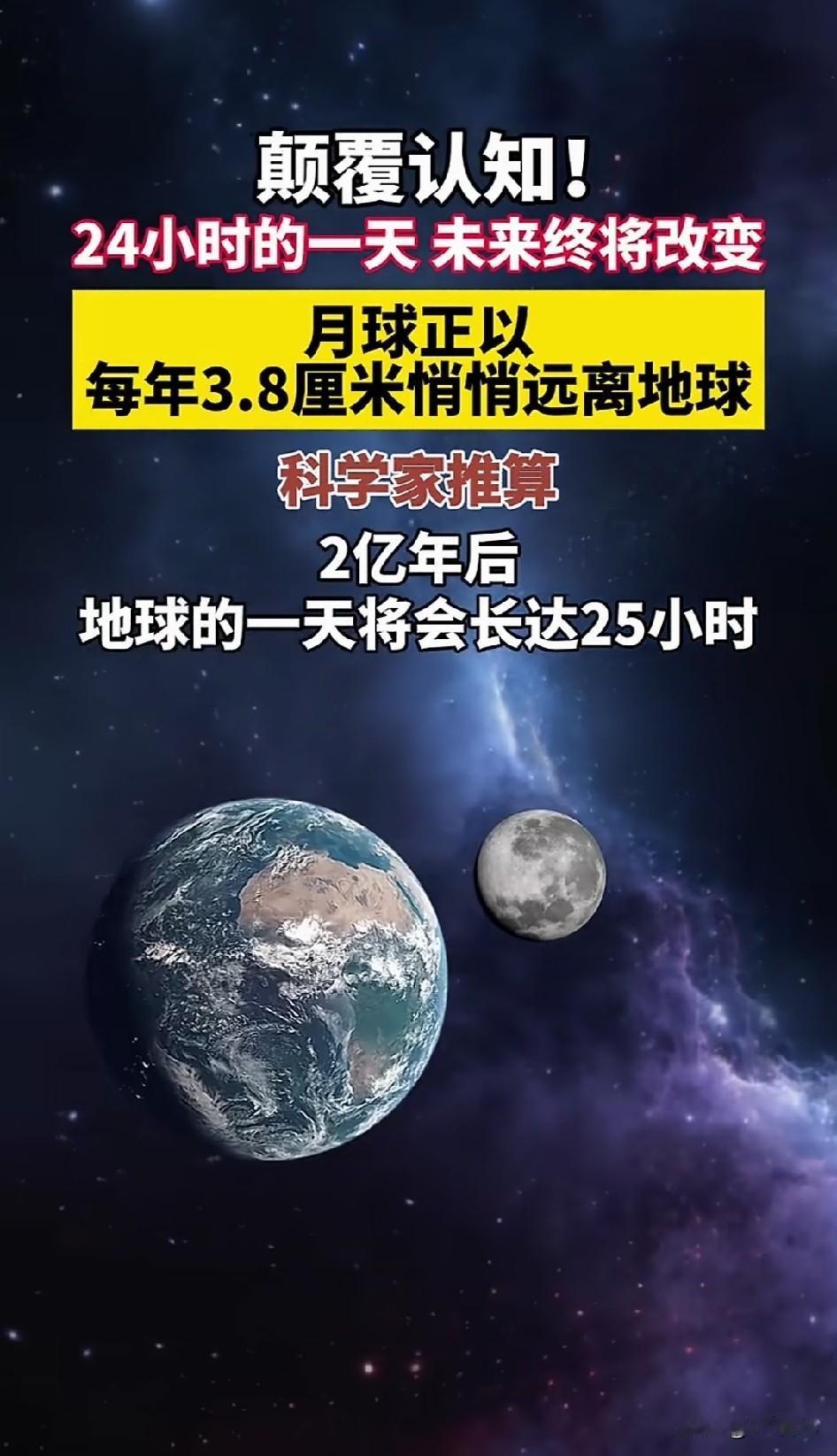 地球一天变长，月亮远离我们。
2亿年后，地球的一天将会长达25小时。
科学家真的