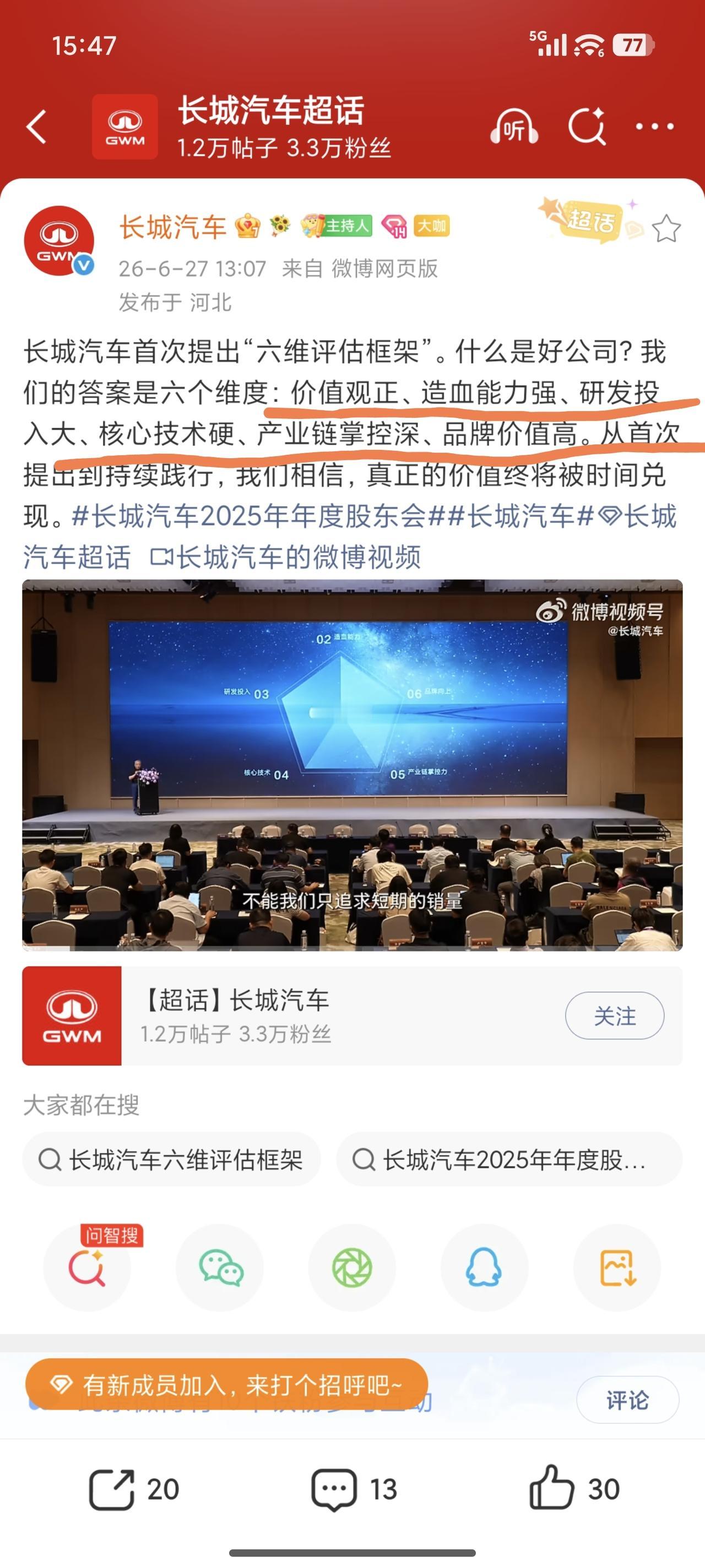 长城汽车提出六个维度：
价值观正、造血能力强、研发投入大、核心技术硬、产业链掌控