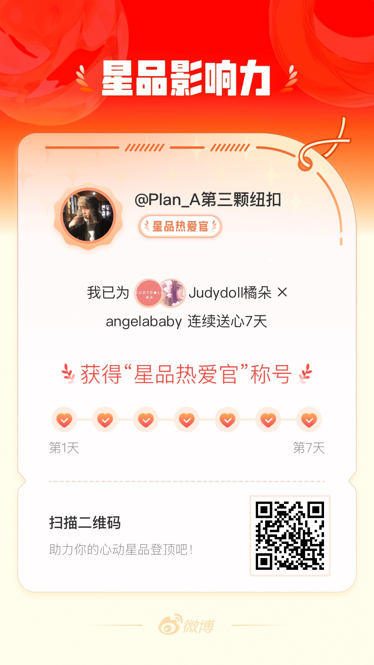 我在星品影响力上为 X 连续送心7天，获得“星品热爱官”称号！快来一起pick你