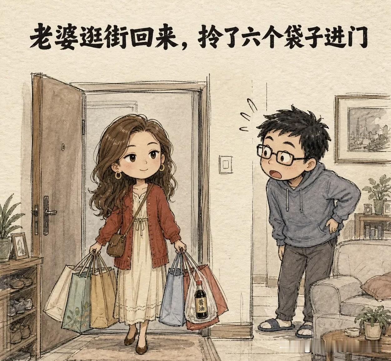 趣味漫画：老婆逛街回来，拎了六个袋子进门。我说：“你不是说就出去买瓶酱油吗？”她