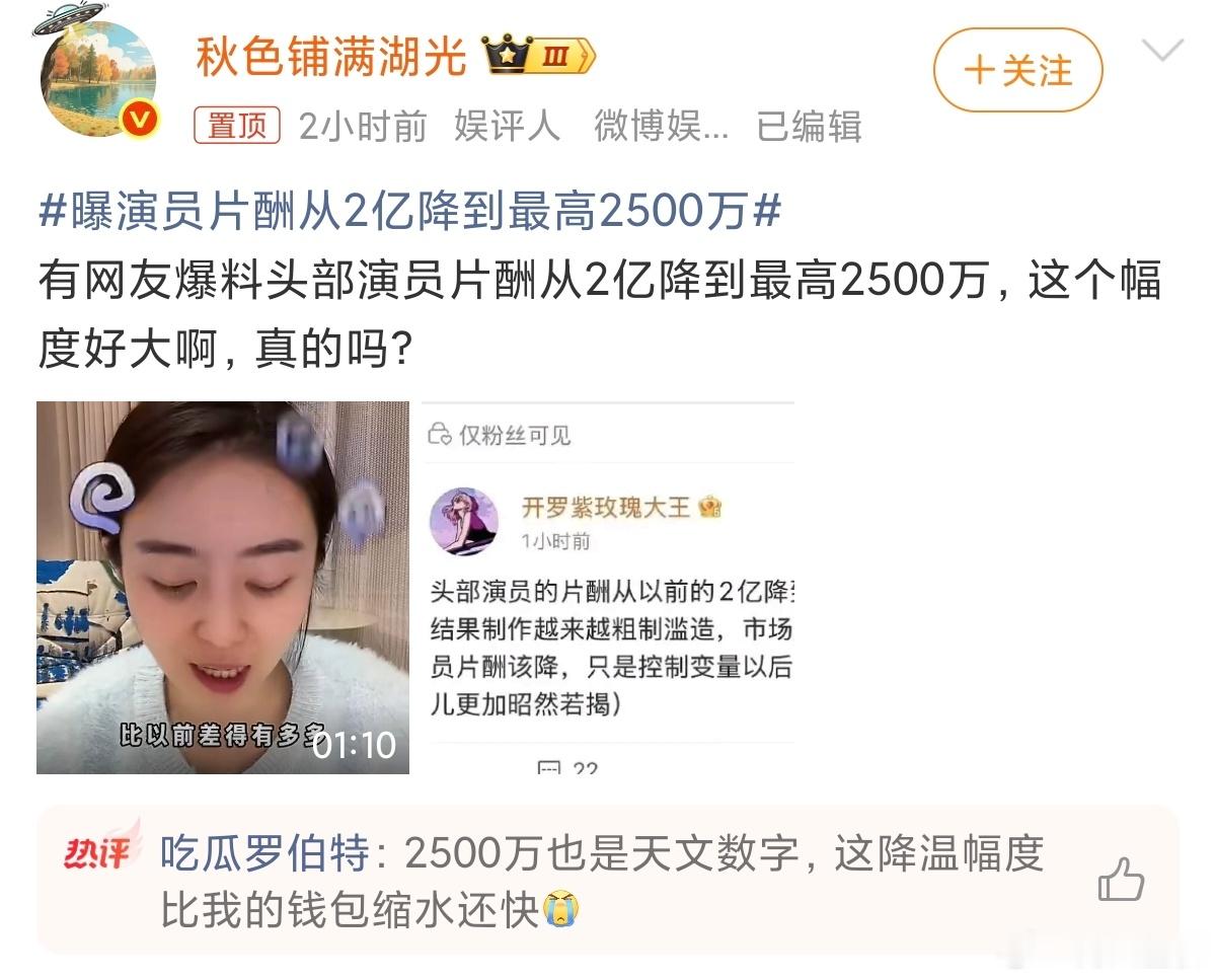 曝演员片酬从2亿降到最高2500万降了8倍，看似以为降了很多，实际上2,500万