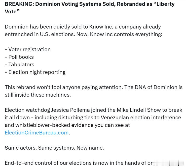 多米尼投票系统公司(Dominion Voting Systems)已被出售，并