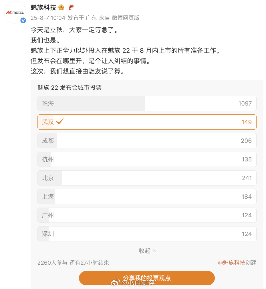 魅族22今天新预热~发布会城市投武汉一票[喵喵] ​​​