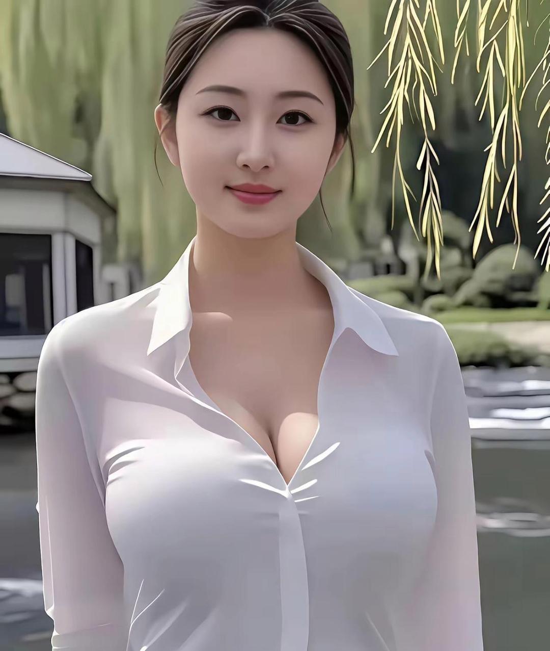 清透白衬衫搭配黑裤，旁侧柳枝轻摇慢晃，人似从淡墨画卷里走出来一般，浅浅一笑温柔动
