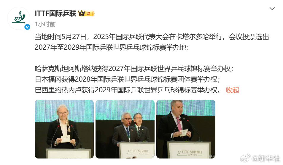 #2027世乒赛将在阿斯塔纳举办#【一起期待！#2027至2029世乒赛举办地公