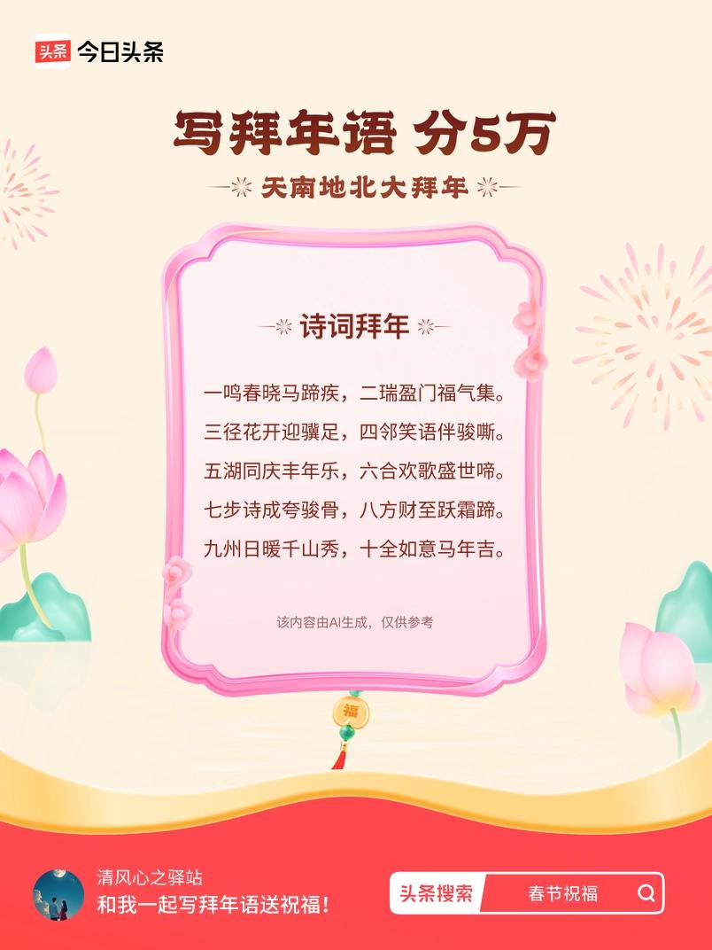 写拜年语送祝福新春拜年送祝福！我的祝福是：“一鸣春晓马蹄疾，二瑞盈门福气集。三径