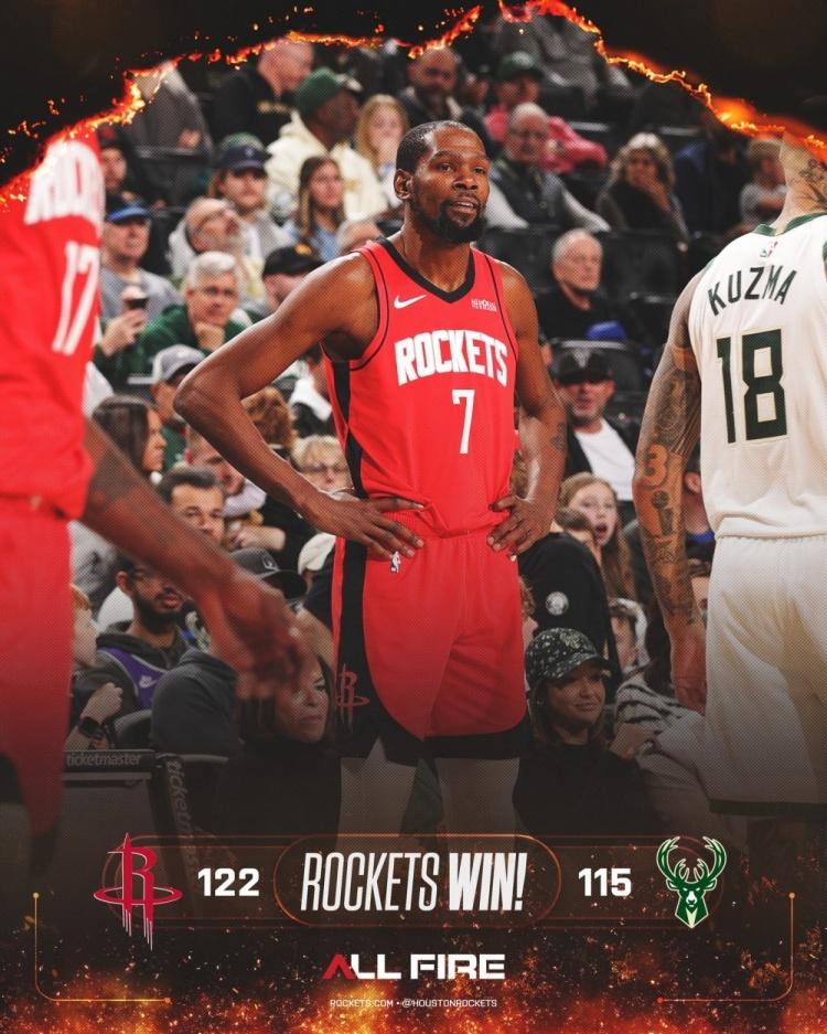 强强对话老炮杜兰特大战字母哥！火箭客场顽强逆转122:115力克雄鹿！
此役，杜