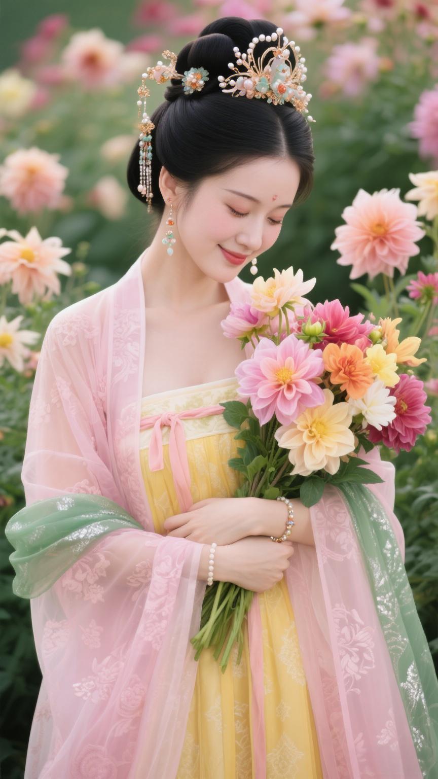 鹧鸪天·花田雅意
 
罗袂生香立圃间，粉绡轻覆玉光绵。银簪暗锁玲珑韵，花束明承烂