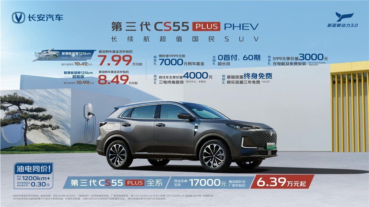 长安第三代CS55PLUS PHEV上市了，算上厂家购车基金和国家补贴后，只要7