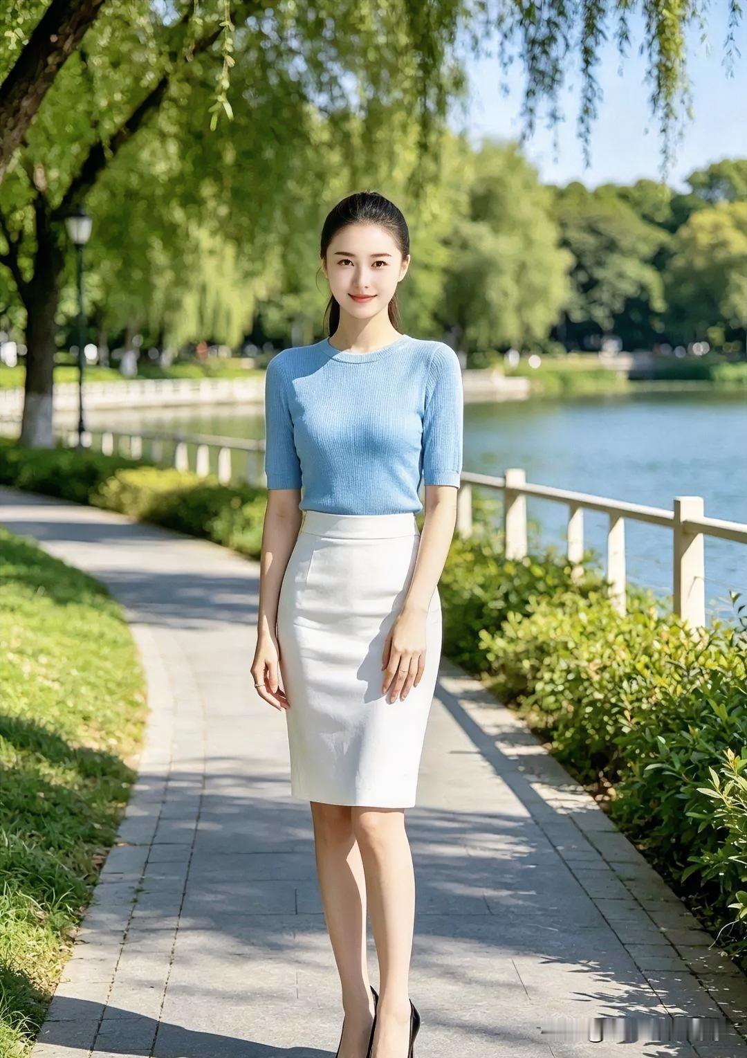 天青衫映碧水，素白裙裾曳清风。柳丝轻拂岸畔，她步履生莲，如林间清泉般澄澈温婉，将