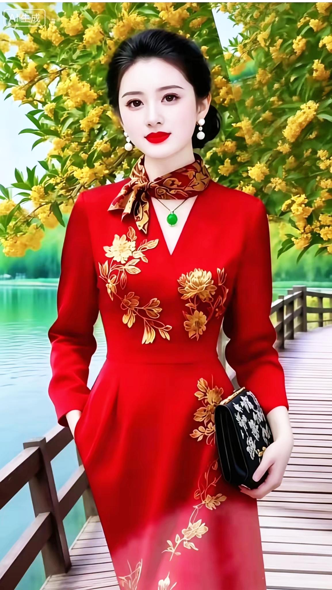 优雅红裙，花海中漫步，尽显东方韵味