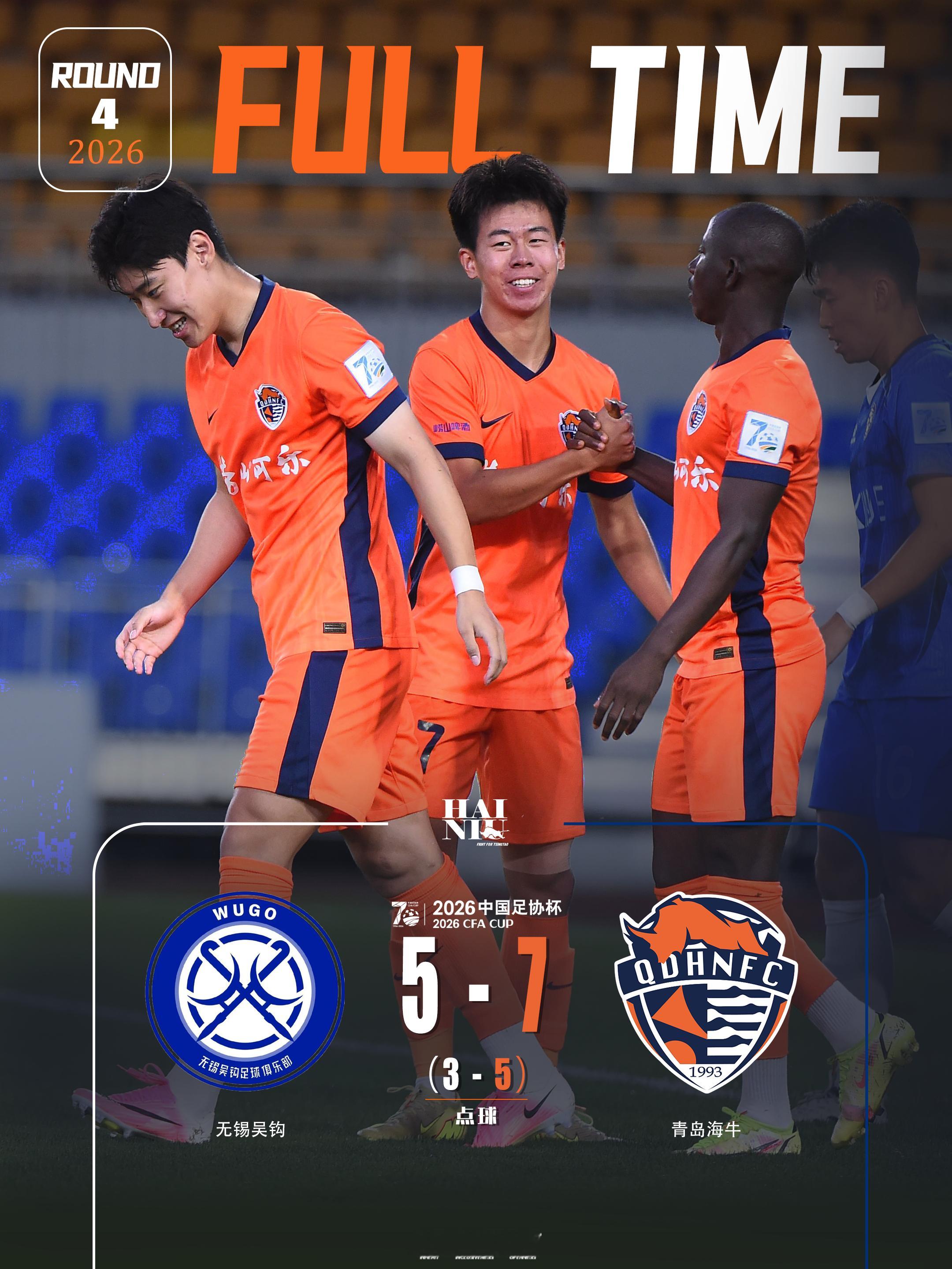 FULLTIME全场比赛结束，青岛海牛在客场与无锡吴钩2:2战平，随后在点球大战