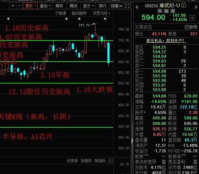 A股的盘口语言很有意思，昨天寒武纪爆头大跌，收盘价594.00，594，你细品。