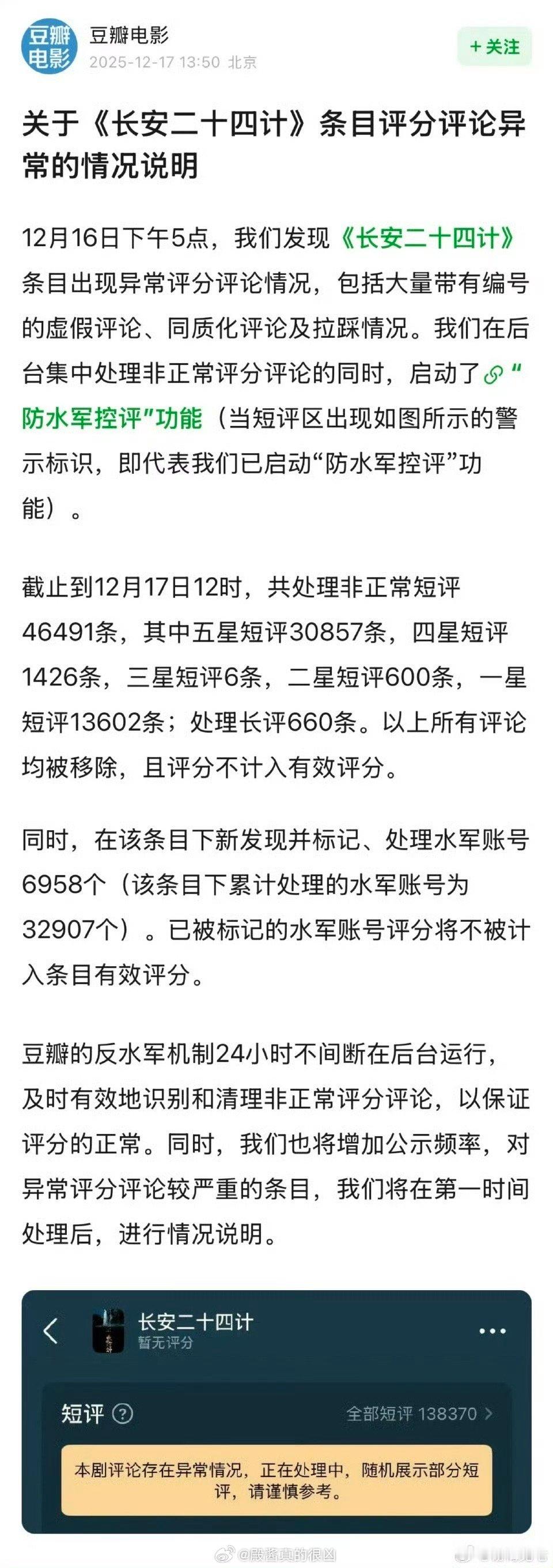 24计五星短评被处理了3万多条，全是水军