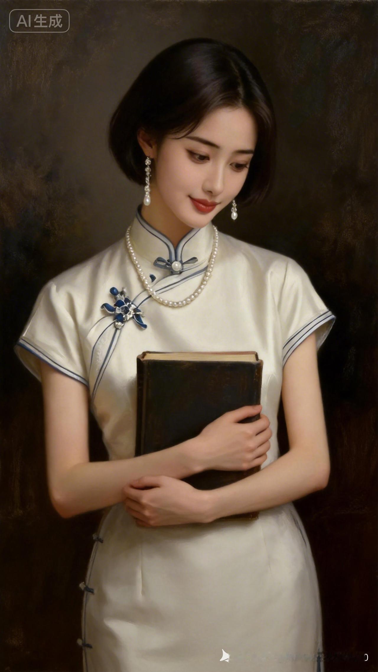 优雅复古的旗袍美人，手持古书，韵味十足。