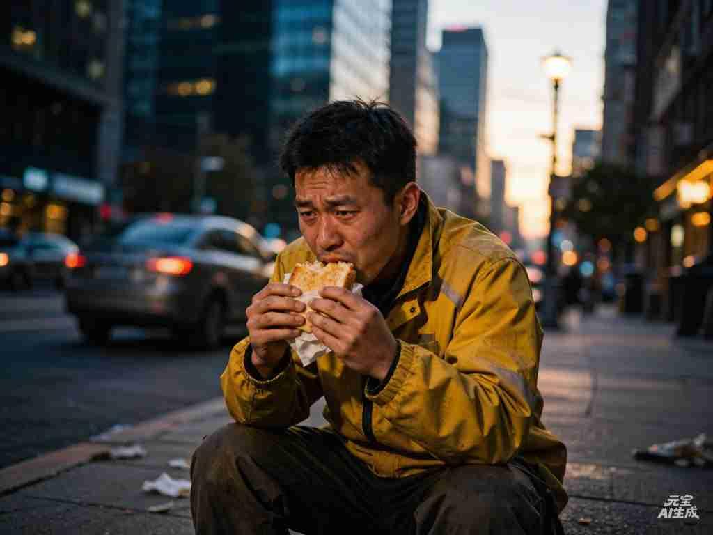 路边的红绿灯旁，一个穿得干干净净的姑娘蹲在台阶上啃干面包，路过的大妈都忍不住多看
