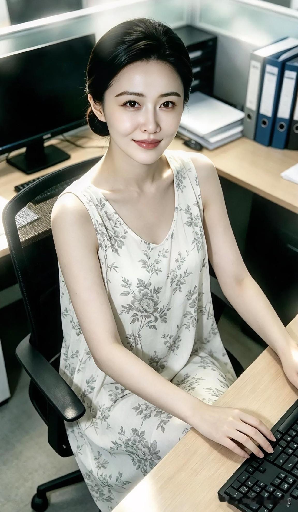 碎花素裙掩玉肌，青丝巧挽透温婉。

指尖漫舞敲如意，笑靥如春映晓天。

不借胭脂