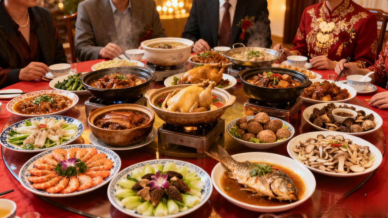 昨晚在朋友家的喜宴上，菜肴丰盛——六大冷盘、十几道热菜，鸡鸭鱼肉、山珍海味摆满了