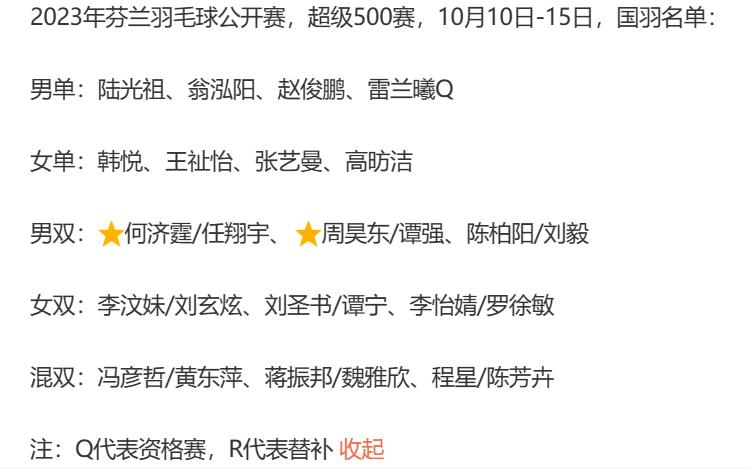 中国羽毛球队公布参赛名单，男双项目引人关注，原组合何济霆/周昊东、任翔宇/谭强被