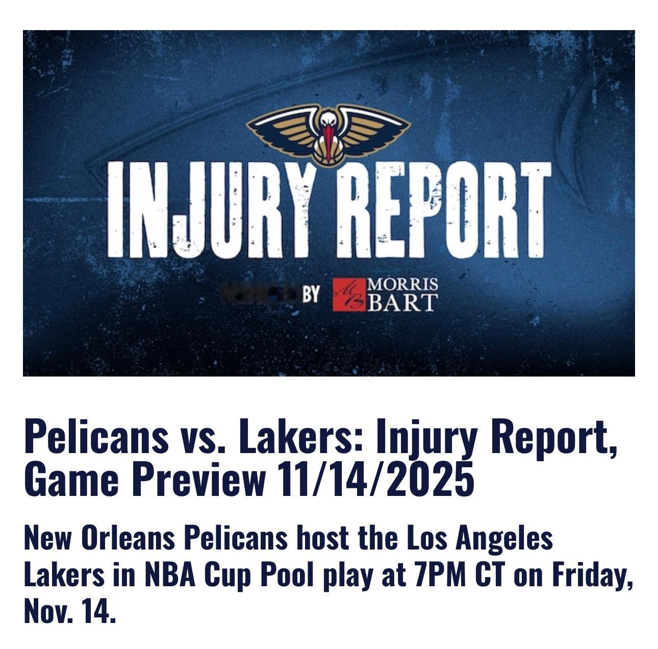 鹈鹕队更新伤病报告：锡安·威廉森（左腿筋拉伤）缺阵乔丹·普尔（左股四头肌拉伤）缺