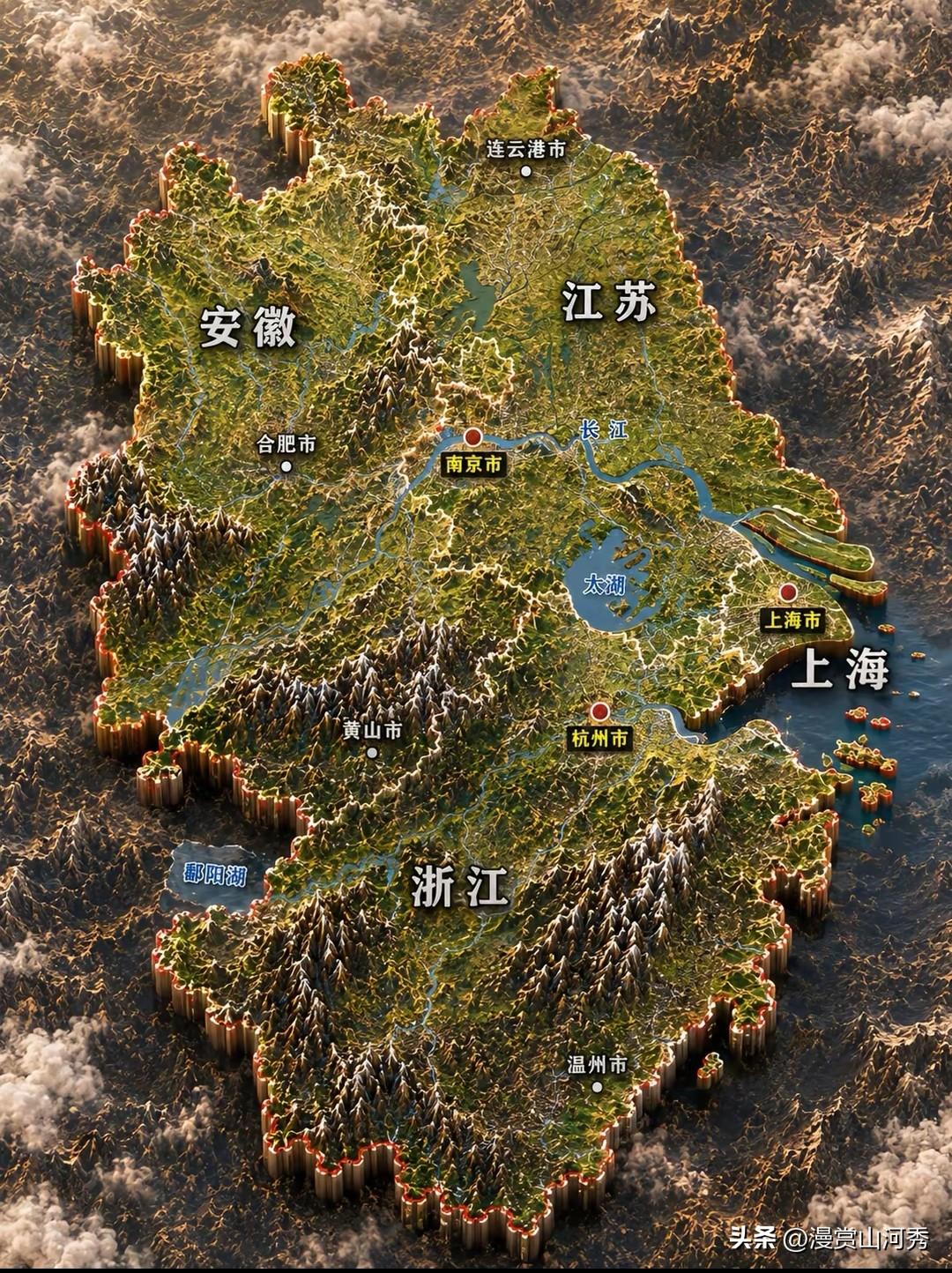 这张长三角立体地形图，群山、江河、湖泊与平原铺展在眼前。上海、江苏、浙江、安徽，