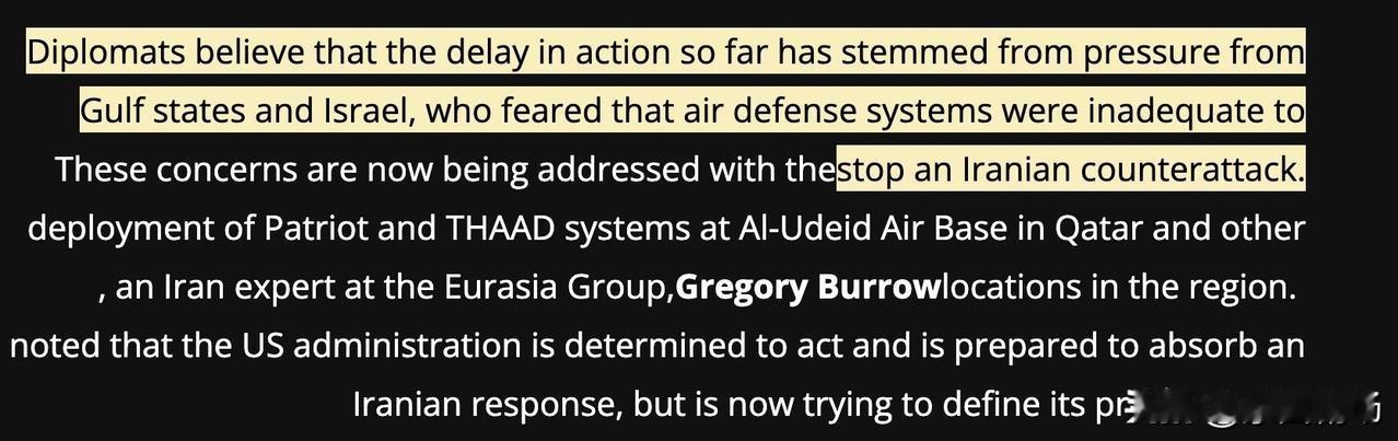外交官们表示，美国迟迟未对伊朗采取行动，是因为海湾国家和以色列施压，他们担心自己
