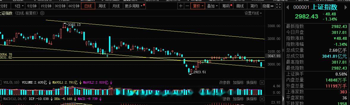 一步到位，指数直接彻底破了3000点，这根巨阴线又要消化很久了，散户朋友们太难了